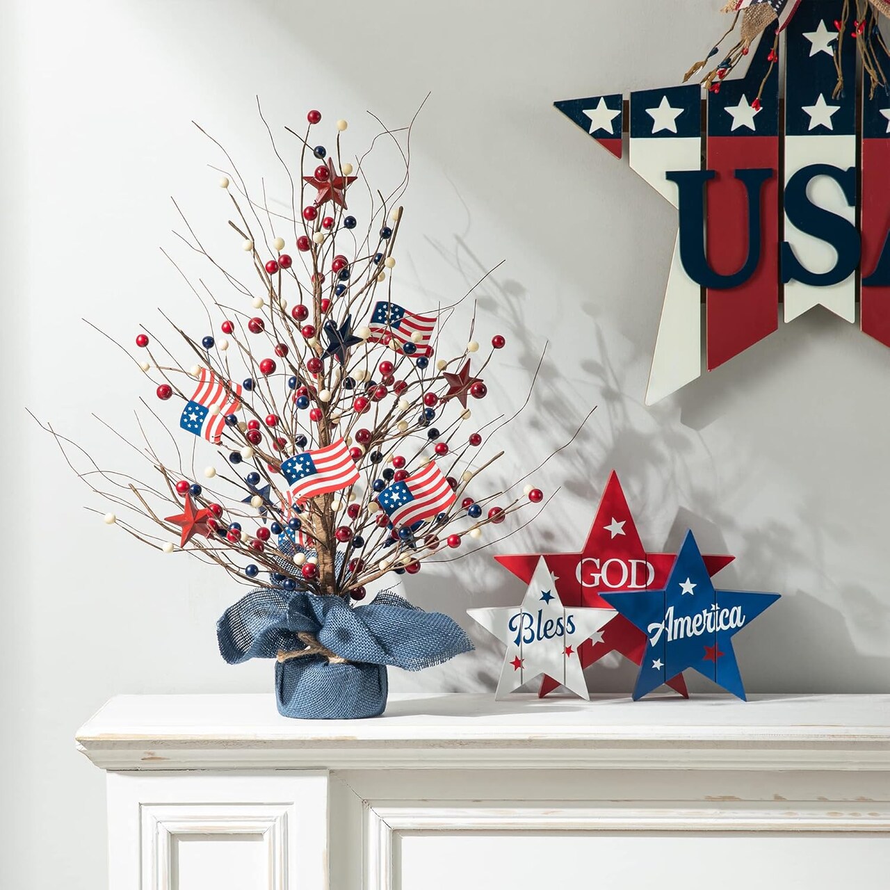 20”H Patriotic Berry Table Tree with Burlap Base Decorative Stars American USA US Flag Tree Table Centerpiece for Independence Day Americana Berry Table Tree for National Day 4th of July